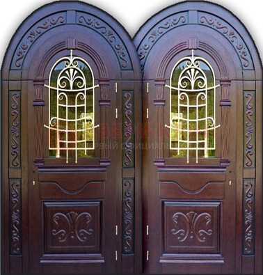 Индивидуальная арочная дверь со стеклом и ковкой ДА-19 в Калуге