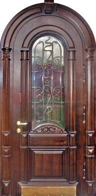 Арочная металлическая дверь массив со стеклом и ковкой ДА-50 в Калуге