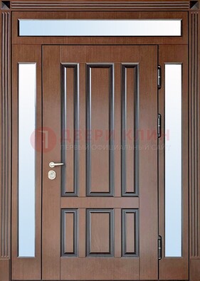 Железная дверь со стеклом и фрамугами в коричневом цвете ДФГ-8 в Калуге