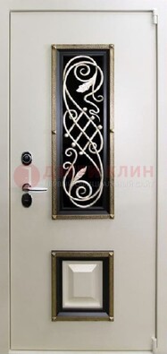 Белая стальная дверь с ковкой со стеклопакетом и МДФ ДК-30 в Калуге