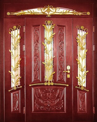 Бордовая железная парадная дверь со стеклом и ковкой ДПР-75 в Калуге