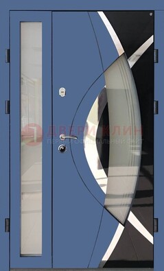 Синяя металлическая дверь со стеклом и узором ДС-13 в Калуге