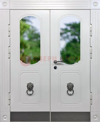 Белая двухстворчатая железная дверь со стеклом ДС-22 в Калуге