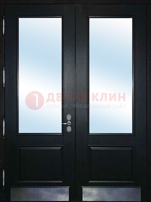 Черная двухстворчатая металлическая дверь со стеклом ДС-25 в Калуге
