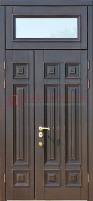Коричневая двухстворчатая металлическая дверь со стеклом ДС-62 в Калуге