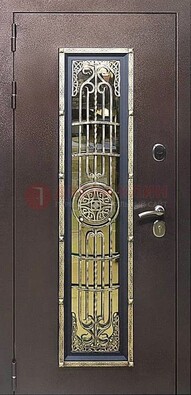 Железная дверь цвета медный антик со стеклом и ковкой ДСК-105 в Калуге