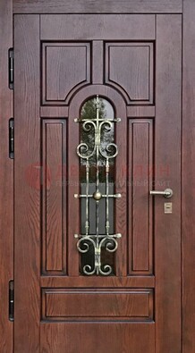 Cтальная дверь со стеклом и ковкой в коричневом цвете ДСК-119 в Калуге