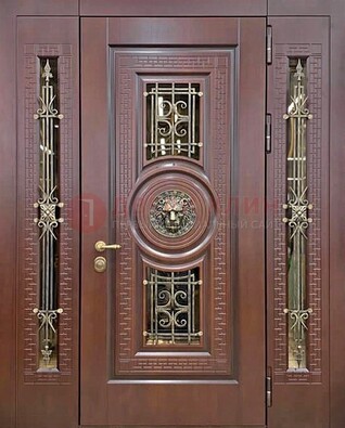 Коричневая стальная дверь со стеклом и ковкой ДСК-147 с фрамугами в Калуге