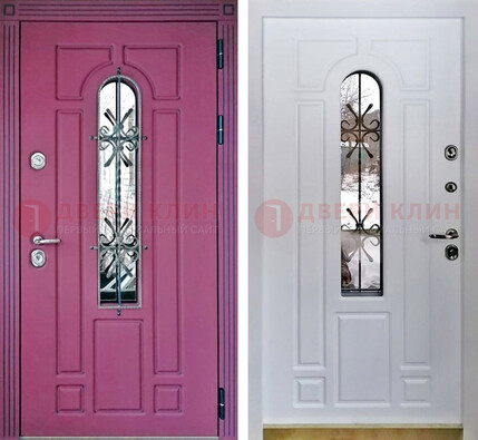 Розовая металлическая дверь со стеклом и ковкой ДСК-151 в Калуге
