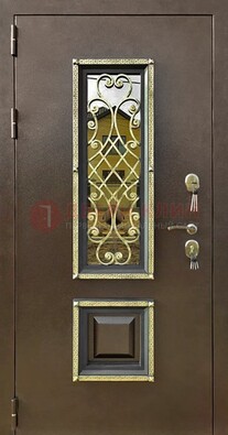 Входная дверь порошок со стеклом и ковкой для коттеджа ДСК-166 в Краснодаре