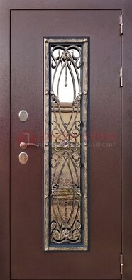 Коричневая стальная дверь порошок со стеклом и ковкой для дома ДСК-169 в Калуге