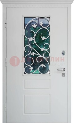 Белая металлическая дверь винорит со стеклом и ковкой ДСК-184 в Калуге
