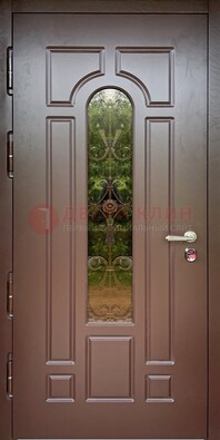 Металлическая коричневая дверь Винорит со стеклом и ковкой ДСК-210 в Калуге
