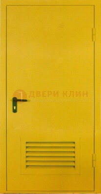 Желтая металлическая техническая дверь с вентиляционной решеткой ДТ-15 в Калуге