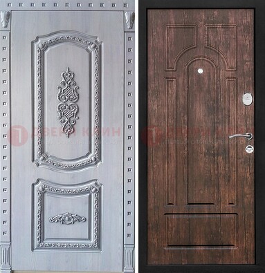 Железная дверь с узором и виноритом внутри Тисненый орех ДВТ-102 в Калуге