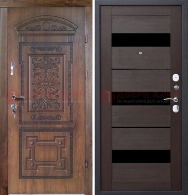 Стальная коричневая филенчатая дверь с виноритом и светлой МДФ ДВТ-122 в Калуге