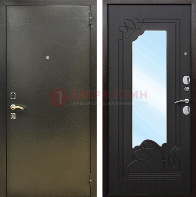 Железная темная дверь c порошковым напылением и МДФ с узором и зеркалом ДЗ-111 в Калуге
