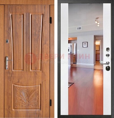 Входная коричневая дверь терморазрыв c виноритом и белая МДФ c зеркалом ДЗ-123 в Калуге