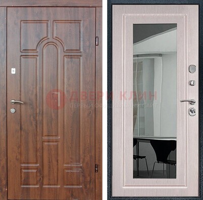 Входная коричневая дверь с МДФ Белый дуб и зеркалом ДЗ-126 в Калуге