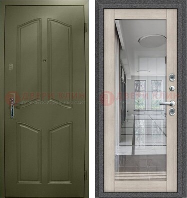 Зеленая стальная дверь с МДФ панелями и зеркалом ДЗ-137 в Калуге
