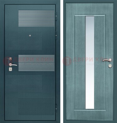 Входная дверь с зеркальной вставкой внутри с голубым МДФ с зеркалом ДЗ-71 в Калуге