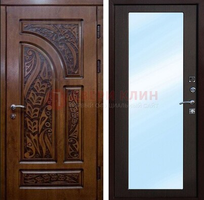 Коричневая входная дверь c узором и виноритом МДФ с зеркалом ДЗ-98 в Щелково