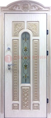 Белая железная дверь с МДФ и витражом ВЖ-26 в Калуге