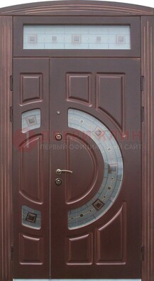 Коричневая двухстворчатая железная дверь с МДФ и витражом ВЖ-29 в Калуге