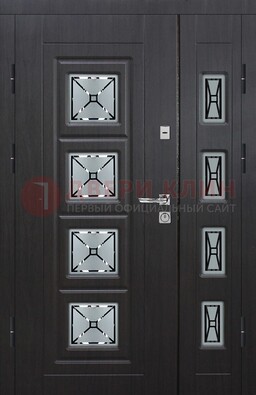 Чёрная двухстворчатая железная дверь с МДФ и витражом ВЖ-35 в Калуге