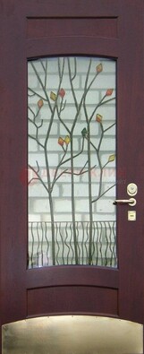 Бордовая стальная дверь с витражом и декоративным элементом ВЖ-3 в Электростали